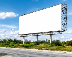 Blank billboard on roadside, sunny day, city skyline