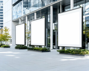 Blank billboards outside modern glass building