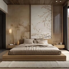 A modern master bedroom with a wooden platform bed
