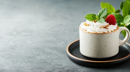 A white cup with whipped cream and raspberries on top