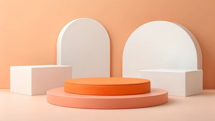 3D Minimalist product display with geometric shapes: circles, squares, and arches in peach, orange, and white.