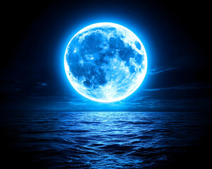 Blue moon over tranquil ocean at night