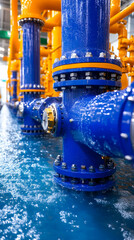 Blue industrial pipes, water flowing, facility interior
