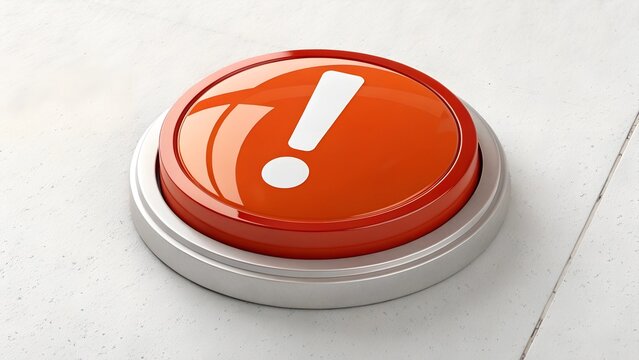 Urgent Alert: Orange button with white exclamation point on a white surface signaling a critical situation. - Powered by Adobe