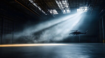 Cinematic composition showcasing military helicopters stationed inside a massive industrial hangar with soft overhead lighting casting dramatic shadows on the concrete floor