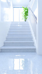 Fototapeta premium Bright hallway stairs, modern interior, white design