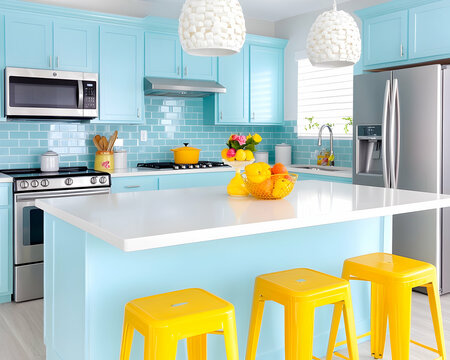 Bright blue kitchen island with yellow stools