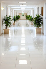 Fototapeta premium Bright, long hospital corridor with potted plants