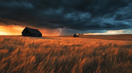 Dramatic lightning and storm over wheat field at sunset with abandoned barns