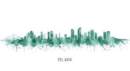 Tel aviv skyline silhouette with artistic green watercolor effect