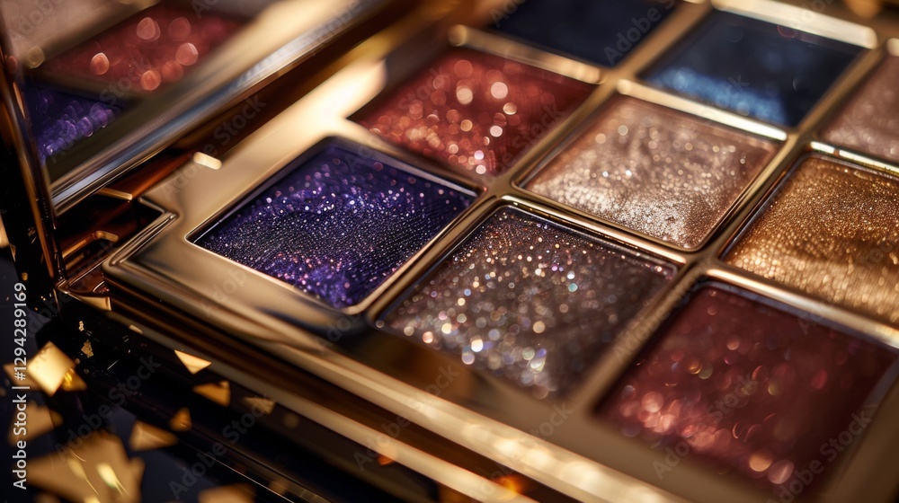 Poster A beautifully designed eyeshadow palette features an array of sparkling shades, including deep purples and warm golds, reflecting soft studio light, ideal for makeup application.