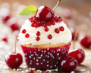 Cherry cupcake dessert on wooden table
