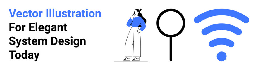Woman stands pondering with hands on chin, a magnifying glass represents search, and a wireless symbol signifies connectivity. Ideal for technology, innovation, analysis, communication, research