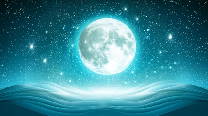 Mystical celestial moon aura. A glowing moon illuminates a starry sky, casting a serene light over gentle waves, creating a tranquil, dreamlike atmosphere.
