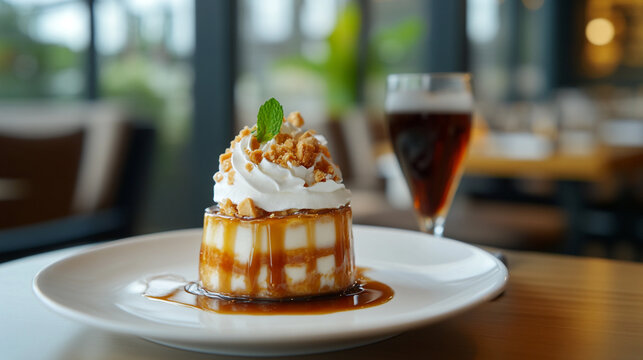 Delicious caramel cake dessert with whipped cream and crumble topping food rich sweet tasty treat