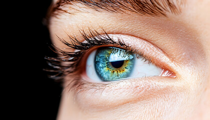 Obraz premium Close-up of a blue eye, gazing left, dark background