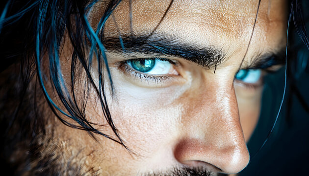 Close-up intense male gaze, dark background