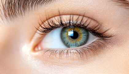 Fototapeta premium Close-up of a woman's hazel eye, showing lashes and eyebrow