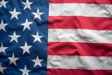 Worn American Flag with Ripped Stripes and Stars Close-Up