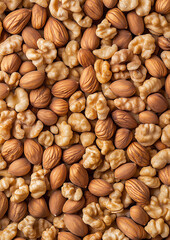 Nutty Delight: A captivating close-up of almonds and walnuts, showcasing their natural textures and colors. Perfect for healthy snacking or culinary creations.