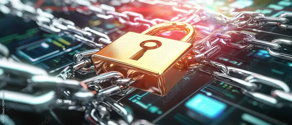 Poster secure digital padlock and cybersecurity concept with glowing elements encryption data protection on