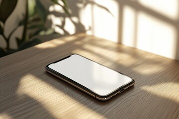 A smartphone with a blank screen rests on a wooden table bathed in sunlight, creating a minimalist and serene atmosphere.