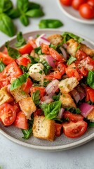 Vibrant Bruschetta Salad with Fresh Basil and Mozzarella A Culinary Delight in Natural Light Capturing the Essence of Italian Cuisine from an Eye Level View