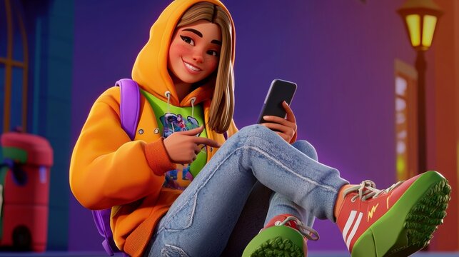A white teenage girl texting on her phone Realistic 3D cartoon style illustration.