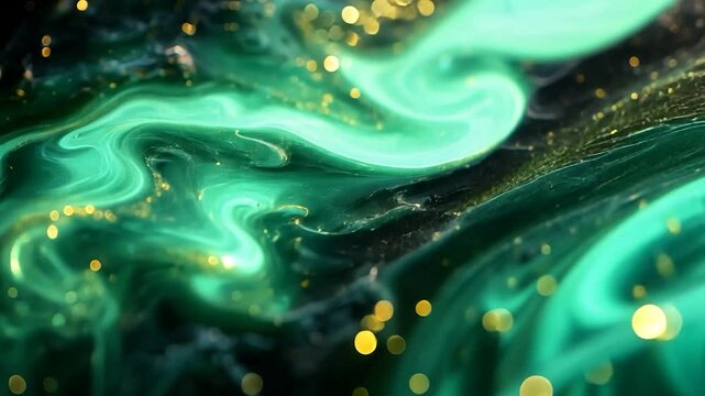 Abstract swirling green and gold patterns resembling cosmic waves in a dark background
