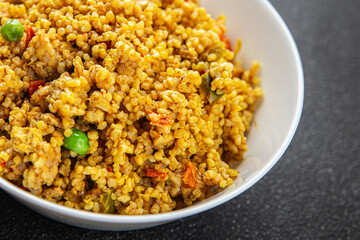 boulgur quinoa dish with vegetables vegetarian dish vegetable food fresh tasty food dish delicious gourmet food background on the table rustic food top view copy space keto and paleo diet