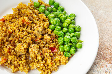 boulgur quinoa dish with vegetables vegetarian dish vegetable food fresh tasty food dish delicious gourmet food background on the table rustic food top view copy space keto and paleo diet