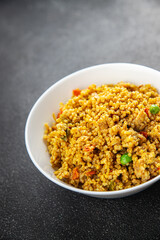 boulgur quinoa dish with vegetables vegetarian dish vegetable food fresh tasty food dish delicious gourmet food background on the table rustic food top view copy space keto and paleo diet