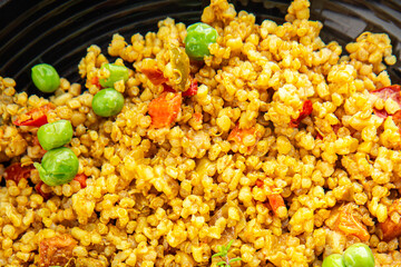 boulgur quinoa dish with vegetables vegetarian dish vegetable food fresh tasty food dish delicious gourmet food background on the table rustic food top view copy space keto and paleo diet