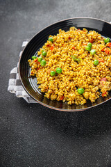 boulgur quinoa dish with vegetables vegetarian dish vegetable food fresh tasty food dish delicious gourmet food background on the table rustic food top view copy space keto and paleo diet