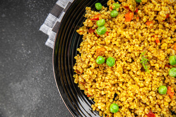 boulgur quinoa dish with vegetables vegetarian dish vegetable food fresh tasty food dish delicious gourmet food background on the table rustic food top view copy space keto and paleo diet
