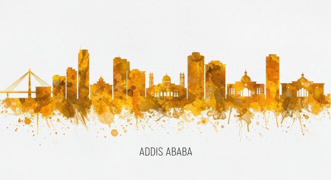 Stunning watercolor silhouette of addis ababa city skyline in vibrant yellow tones