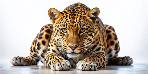 Obraz premium Powerful Leopard Ready to Pounce, Wildcat Attacking, Big Cat Predator, White Background Stock Photo