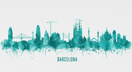 Obraz premium Barcelona skyline watercolor art featuring iconic landmarks and artistic splashes