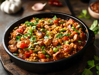Chicken and Shrimp Jambalaya with Rice and Fresh Herbs