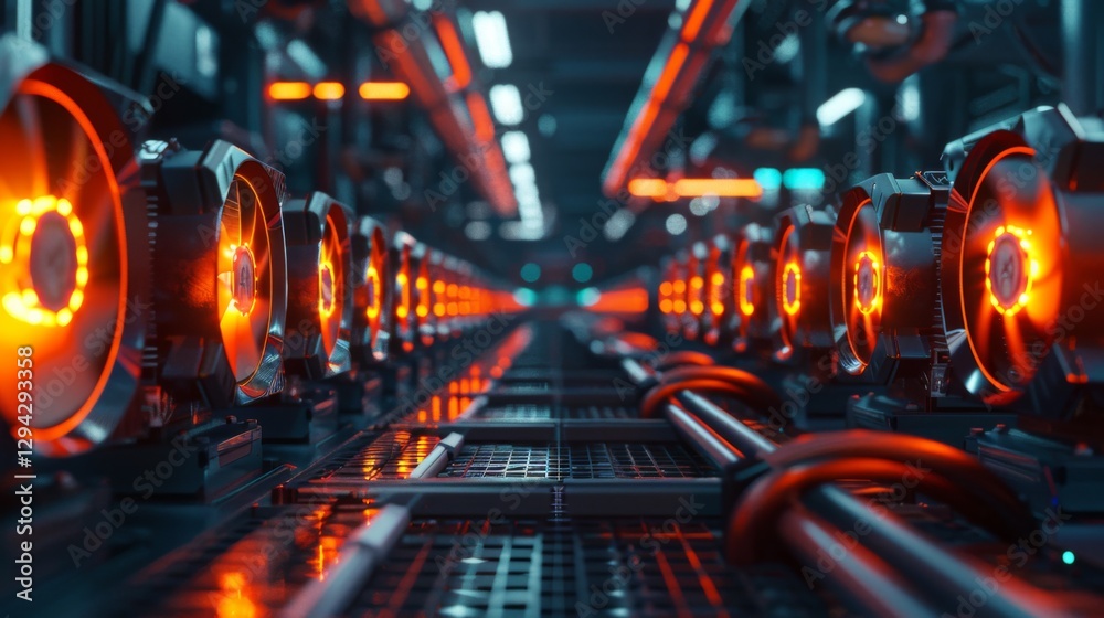 Poster Cooling fans emit a bright orange glow in a high tech data center, highlighting the intricate setup of computer hardware in a dark environment.