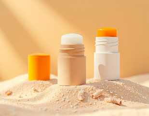 Biodegradable SPF sticks in recycled paper packaging, set on a textured sand base, sunlit staging.