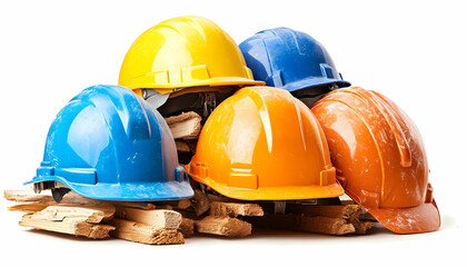 Colorful hard hats on wood, white background
