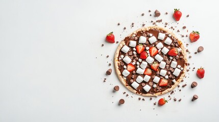 Chocolate dessert pizza with strawberries and marshmallows on white