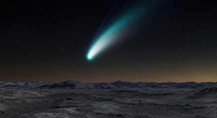 Bright comet streaks across the starry night sky over a moonlit rocky landscape