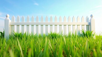 Pristine White Picket Fence, Lush Green Grass, Bright White Background - Perfect Summer Stock Photo