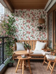 Fototapeta premium Balcony decorated with a wooden bench and floral patterned wall