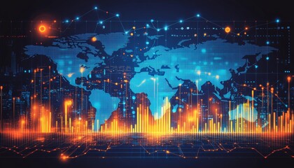 Fototapeta premium Global Finance Network Abstract World Map with Glowing Lines and Financial Data Visualizations