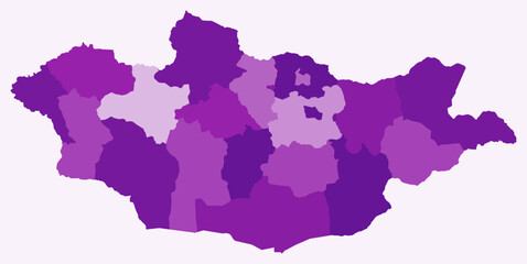 Map of Mongolia with regions. Just a simple country border map with region division. Purple color palette. Flat Mongolia shape with administrative division. Vector illustration.