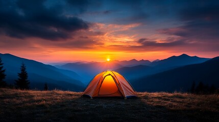 Orange Tent at Sunset in Mountain Landscape
