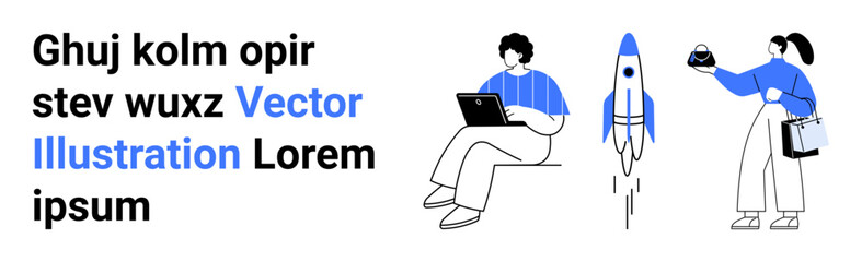 Team engaging in technological tasks, rocket launch, and futuristic tech elements. Ideal for tech startups, innovation, collaboration, business strategy, teamwork, entrepreneurship flat landing page